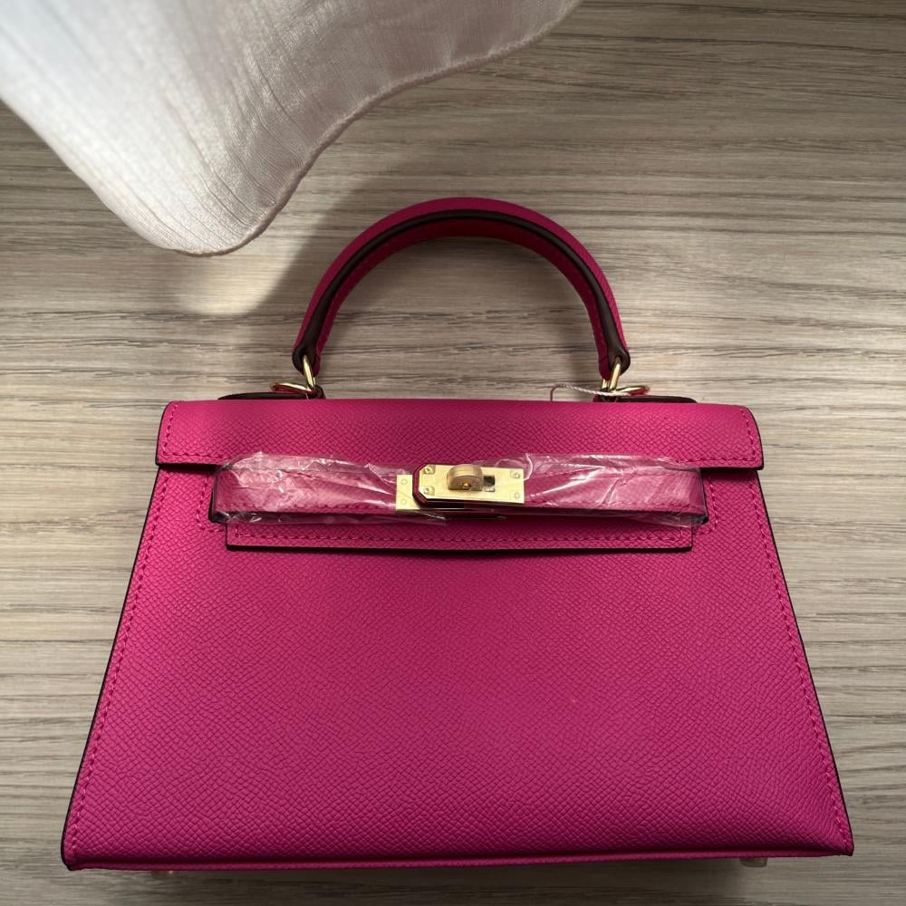 khaki Bag fushi  ميني كيلي ( فوشي)بالحجم الوسط بالجلد الطبيعي