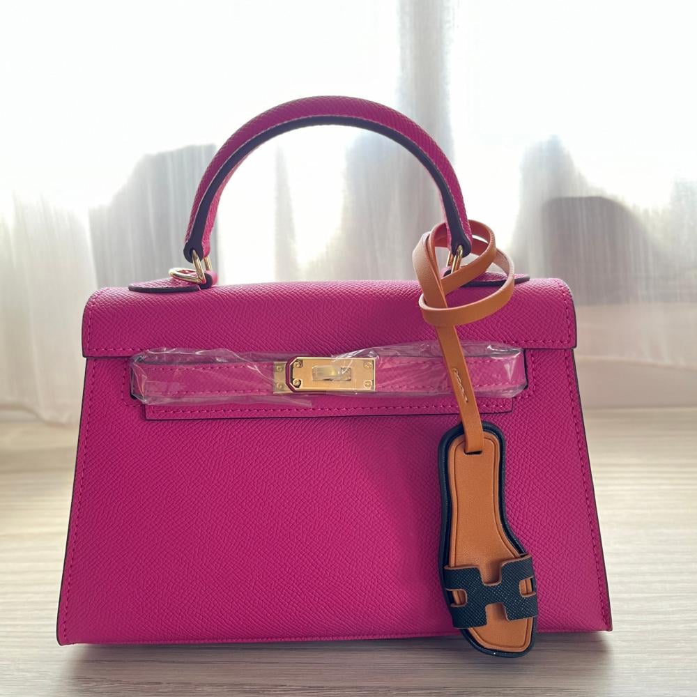 khaki Bag fushi  ميني كيلي ( فوشي)بالحجم الوسط بالجلد الطبيعي
