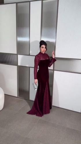 فستان نسائي سهره قماش جوخ مع دانتيل