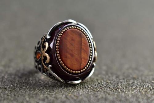 خاتم فضة رجالي مع حجر عين النمر فضه إيطالي خالص عيار٩٢٥