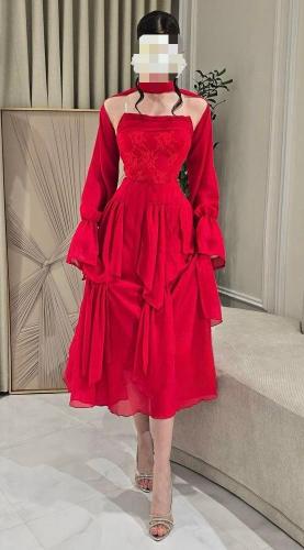 فستان نسائي سهره قماش جورجيت مع دانتيل