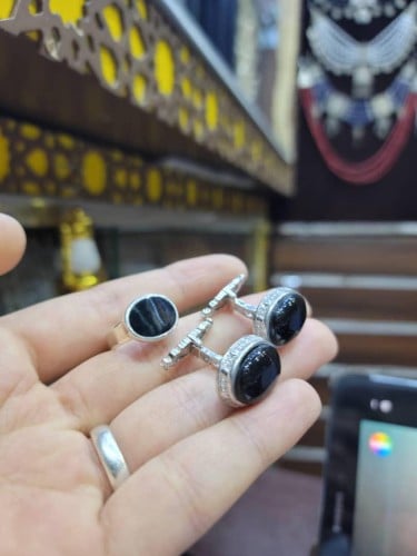 طقم فضة كبك ملكي مع خاتم فضة خالص  عيار  925 بالاسم مع عقيق فضة إيطالي خالص عيار 925 مع حجر الاونكس