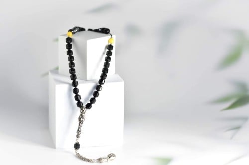 سبحة حجر تورمالين الاسود والكهرمان الأصفر فضة إيطالي خالص عيار 925 مسبحة حجر كريم سبح احجار كريمة