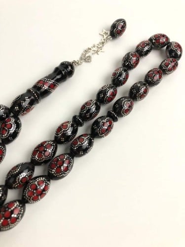 سبح حجر مرجان يسر مطعمة فضة عيار 925 شكة فضة سبحة احجار كريمة