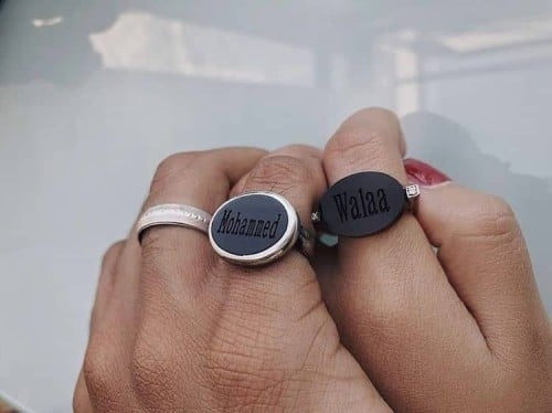 خواتم فضة نسائي رجالي إيطالي خالص عيار 925 مع نحت الاسم والسيفين ونخلة او سادة مع حجر الاونكس الكريم او مع عقيق