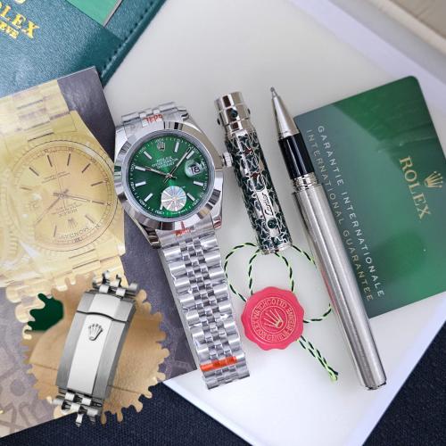طقم ساعة رولكس اخضر مع قلم كارتير نحيف فضي
