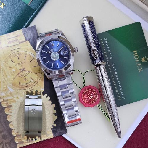 طقم ساعه رولكس ازرق مع قلم كارتير نحيف فضي