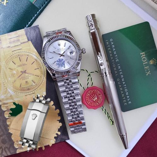 طقم ساعة رولكس مع قلم كارتير نحيف فضي