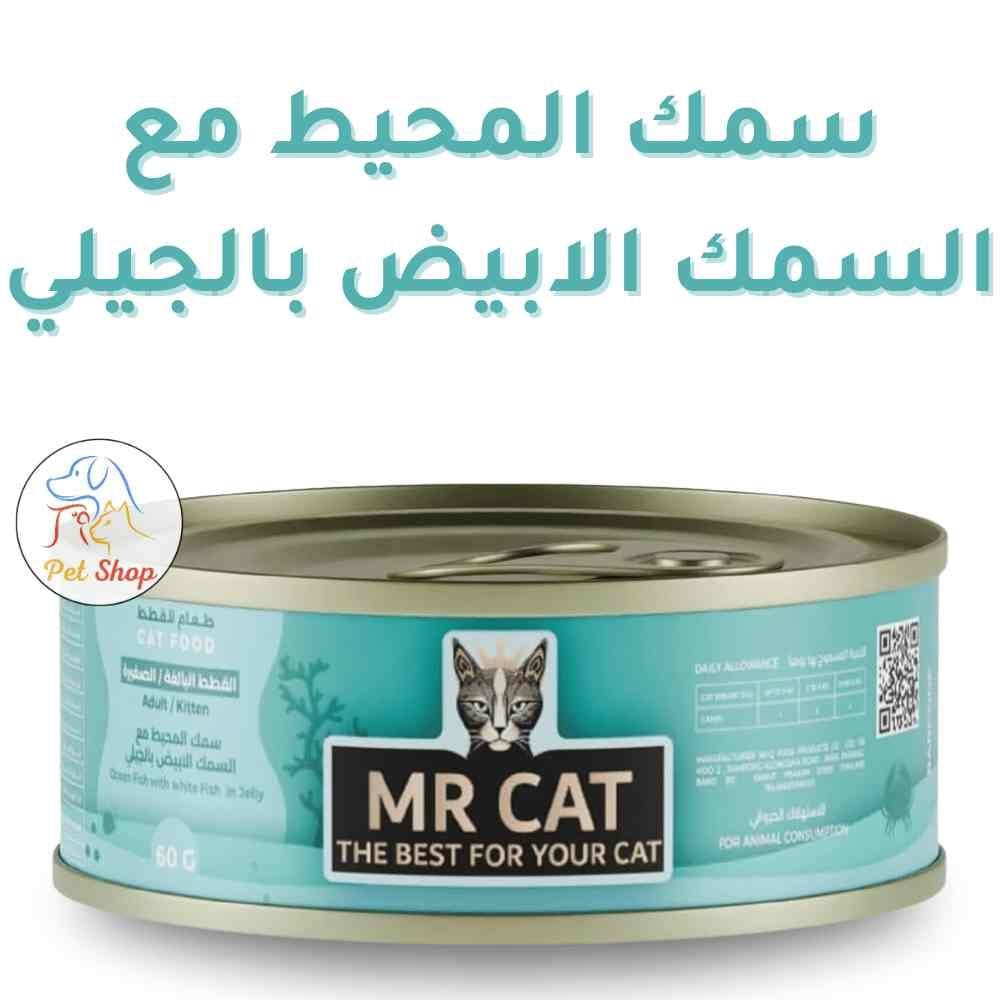 مستر كات اكل رطب للقطط البالغة والصغيرة بنكهة سمك المحيط مع السمك الابيض بالجيلي 60 جرام