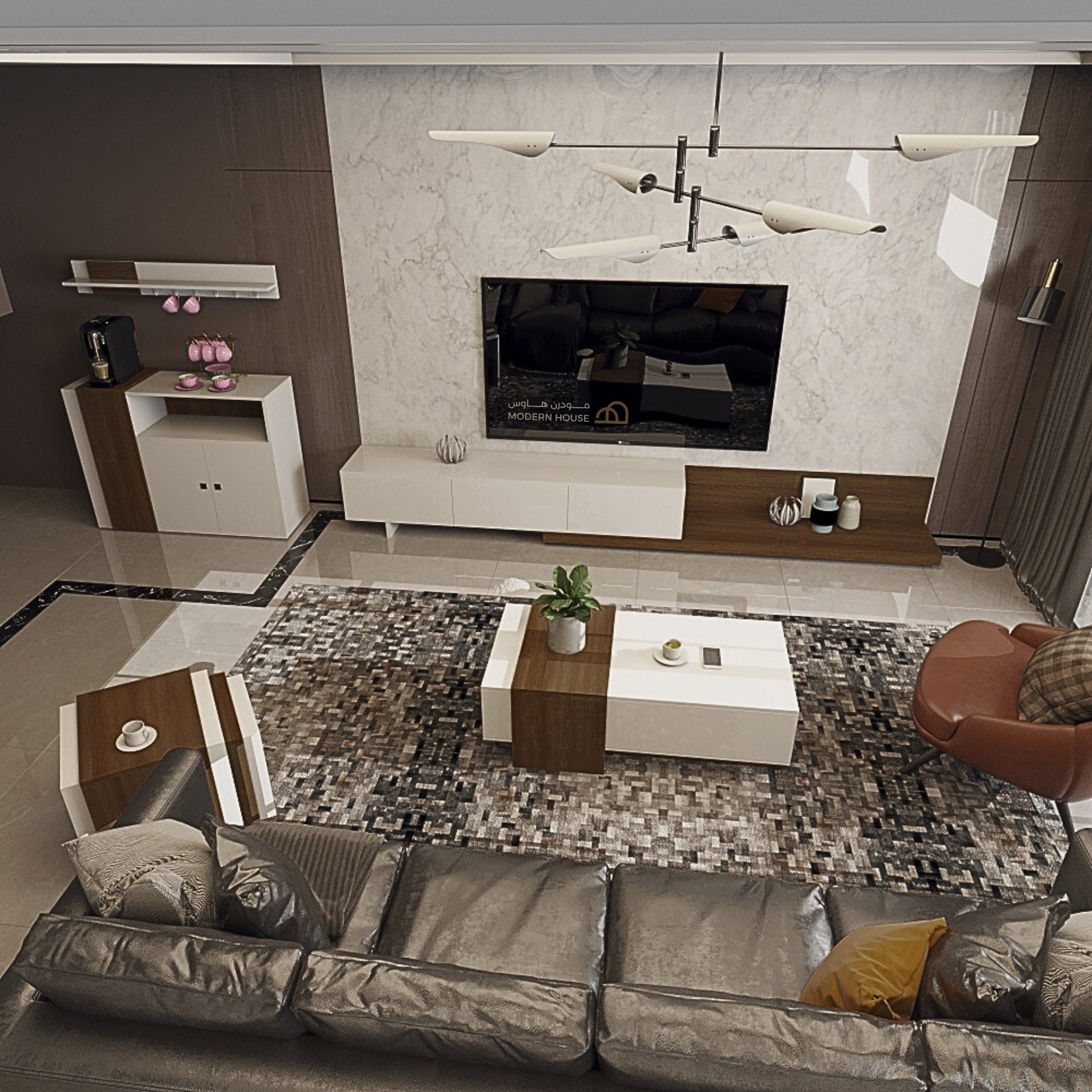 طاولة تلفاز ابيض مع بني 2001_موديل Sozan