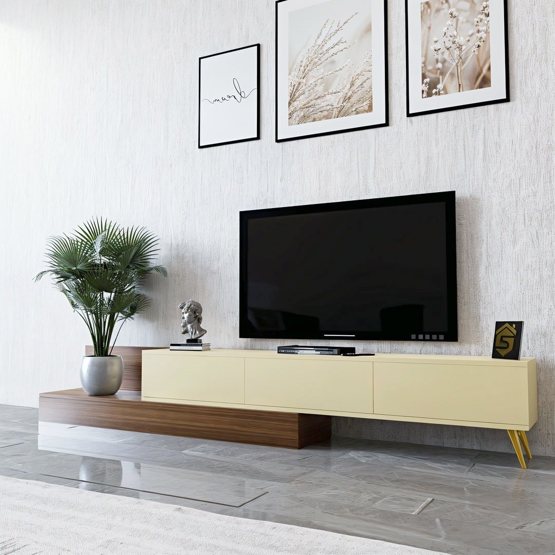 طاولة تلفزيون بني3 مع بيج - موديل tv55