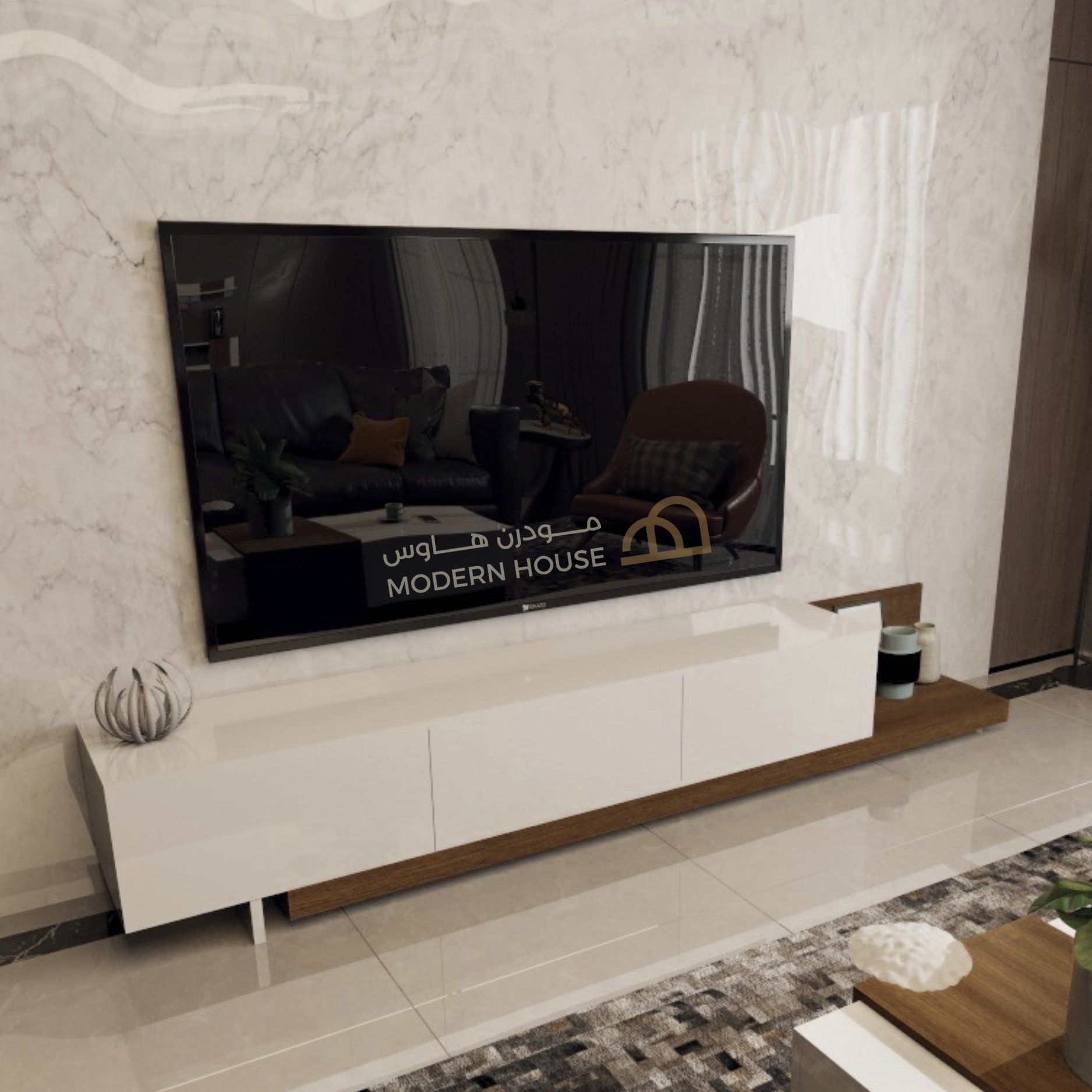 طاولة تلفاز ابيض مع بني 2001_موديل Sozan