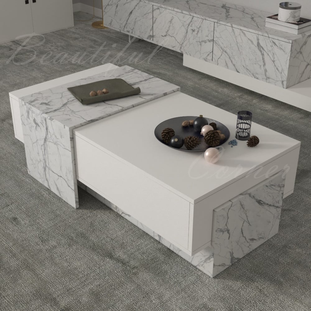 كليمنجارو كبار موهبة  Sozan TV and center table set, plain white and white, with a marble look -  موقع البيت الحديث