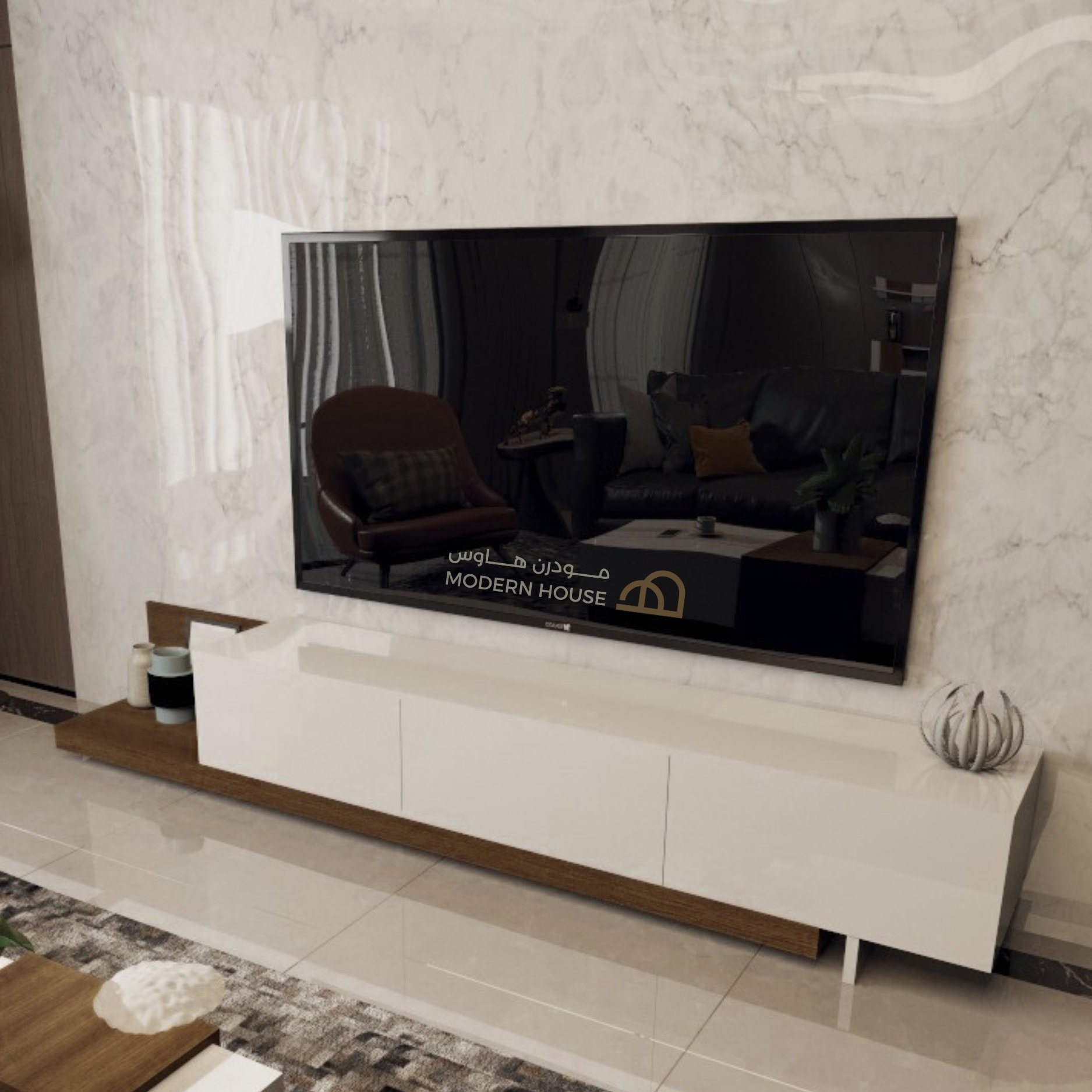 طاولة تلفاز ابيض مع بني 2001_موديل Sozan