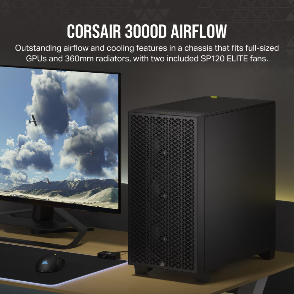 CORSAIR 3000D AIRFLOW Mid-Tower PC Case - Black - 2x SP120 ELITE Fans -  Four-Slo