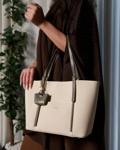 Women's leather handbag in gray and beige