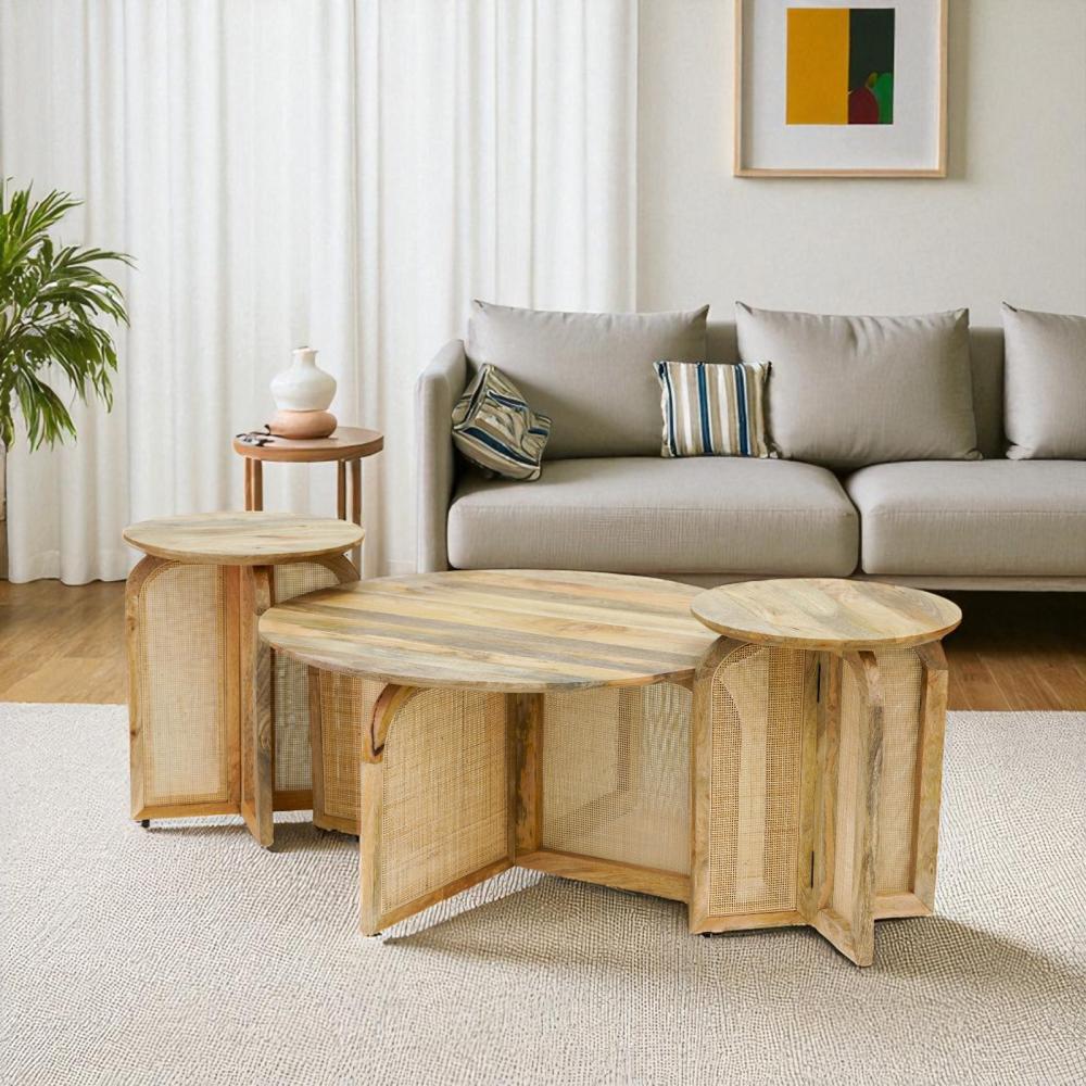 طقم طاولات 1+2 خشب هندي طبيعي مع راتان