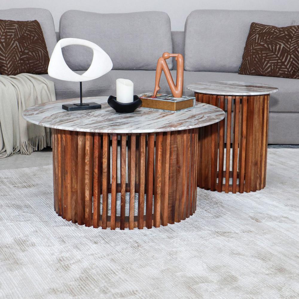 طقم طاولات 1+2 هندي رخام طبيعي وخشب طبيعي