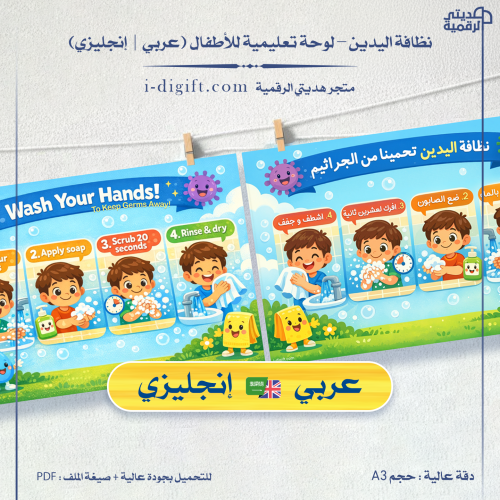 نظافة اليدين – لوحة تعليمية للأطفال (عربي | إنجليزي)