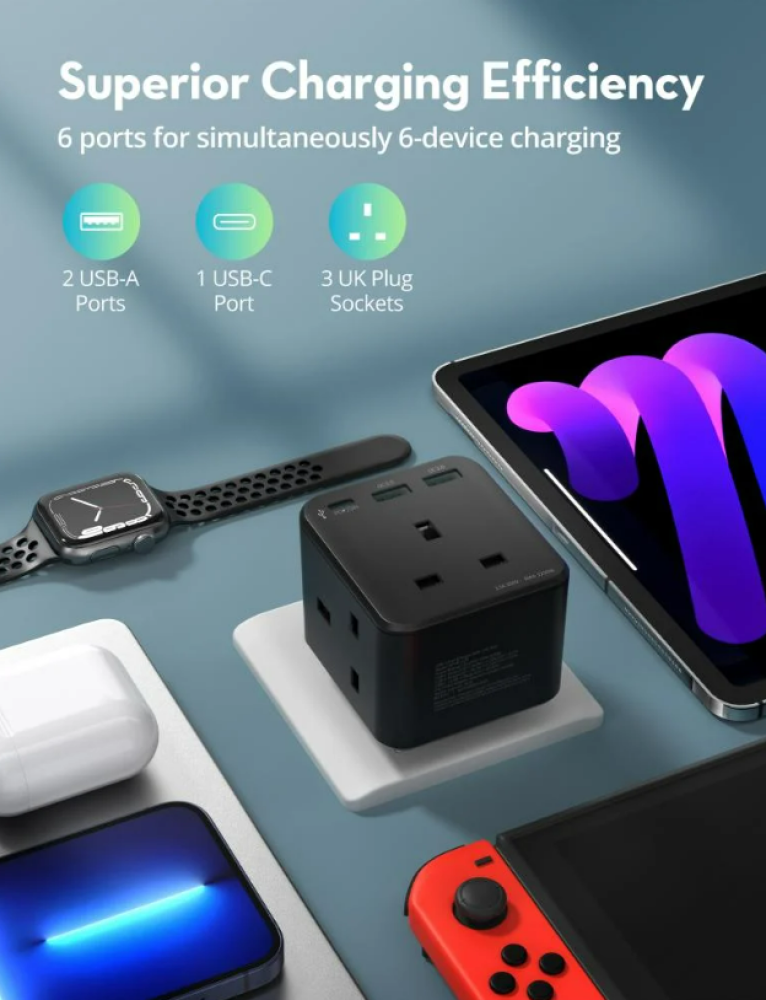 فيش راف باور بايونير 3 مداخل طاقه ثلاثيه مع منفذين USB ومنفذ تايب سي بتقنية PD بقوة 20 واط ميني