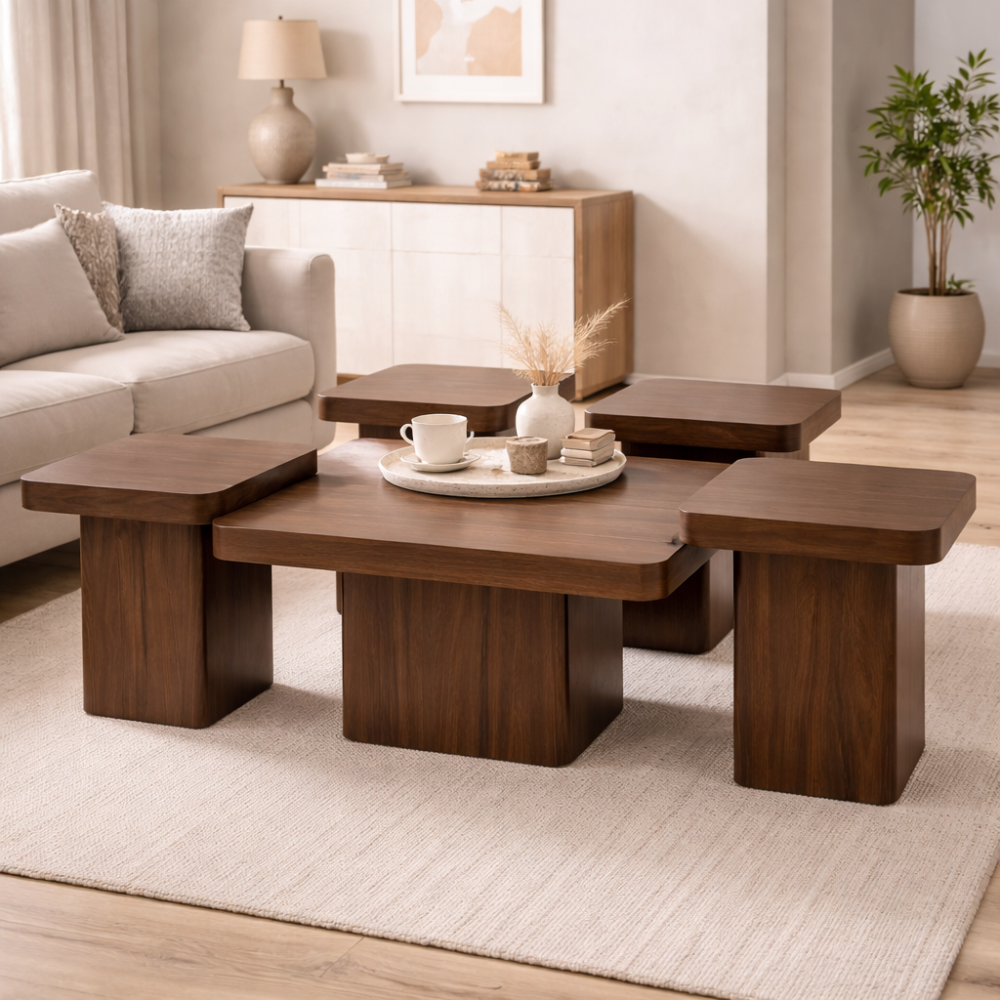 طقم طاولات مربع بني 1+4