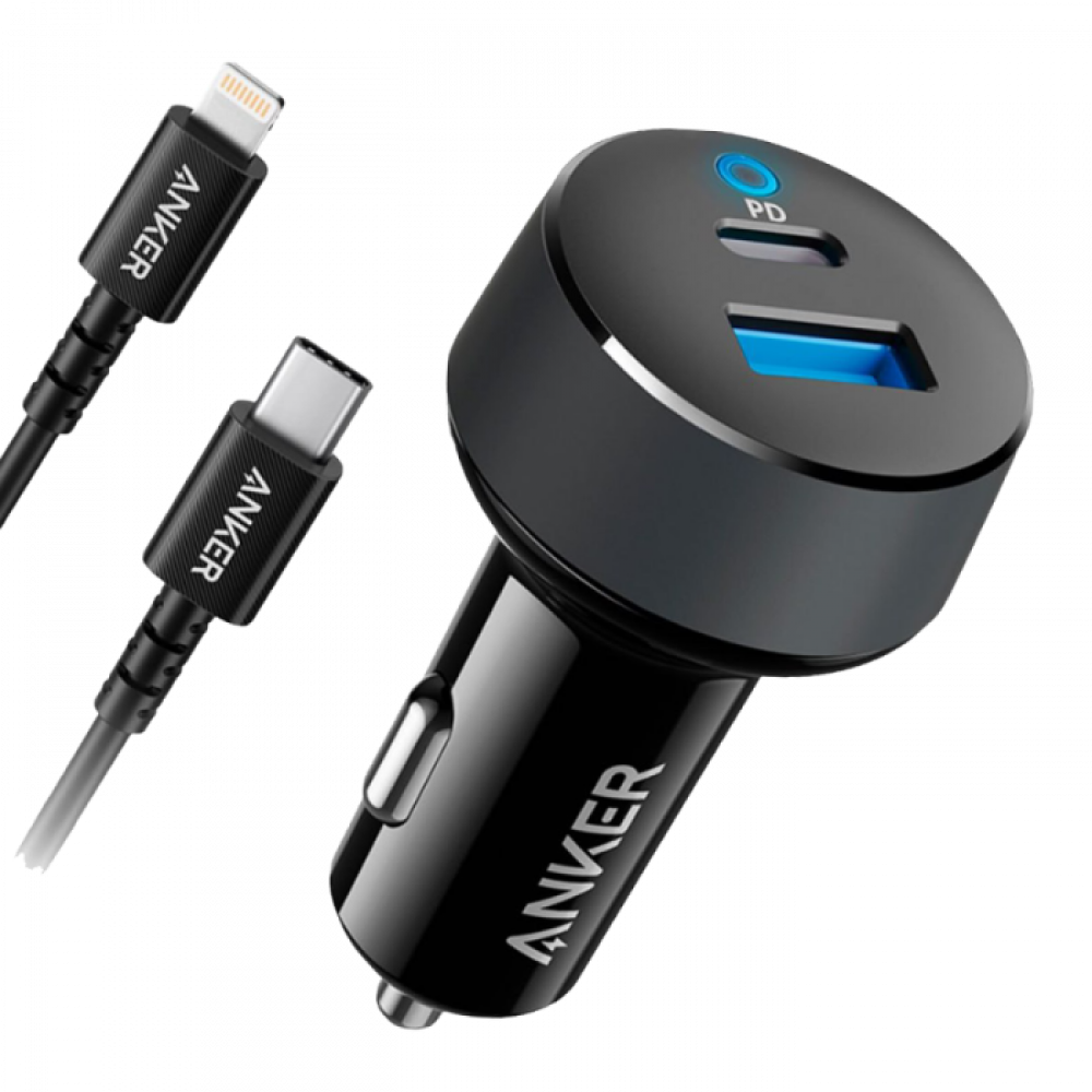 انكر - شاحن سيارة بقوة 30واط مع كيبل بي دي ايفون بطول 90سم| أسود