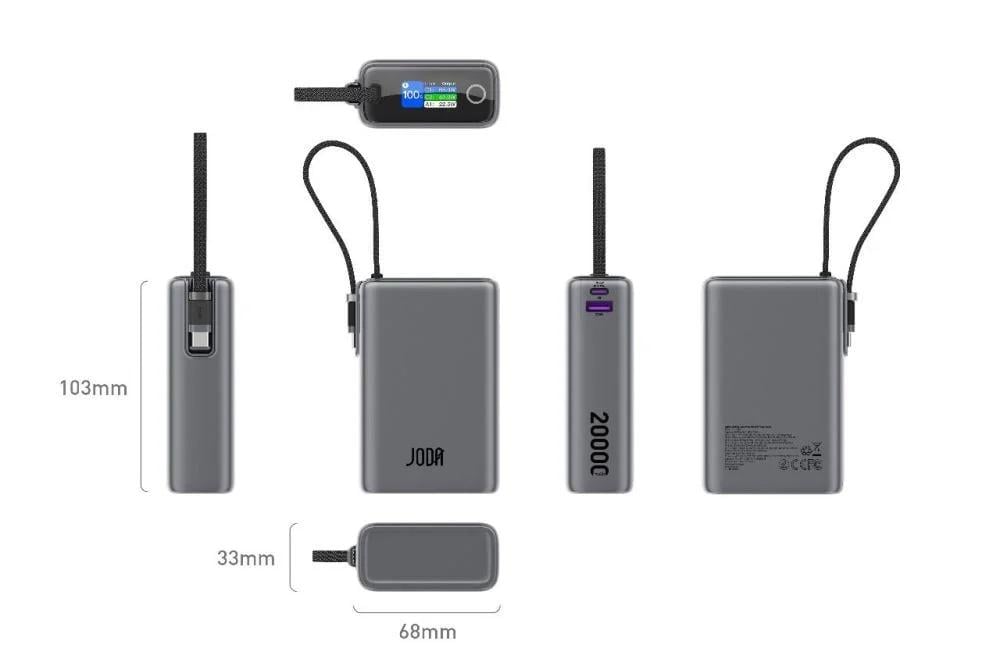 جودا - بطارية متنقلة بسعة 20 الاف بقوة 65 واط بمنفذ تايب سي ومنفذ usb وكيبل تايب سي مدمج - رمادي