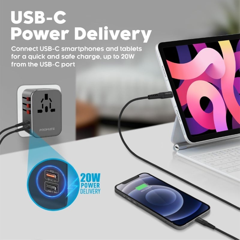 محول السفر العالمي TripMate-36W بقدرة 36 واط، ومنفذ توصيل طاقة USB-C بقدرة 20 واط ومنفذ USB-C بقدرة 15 واط، و3 منافذ USB ذكية مع حماية من زيادة التيار بقوة 8 أمبير- Promate TripMate-36W