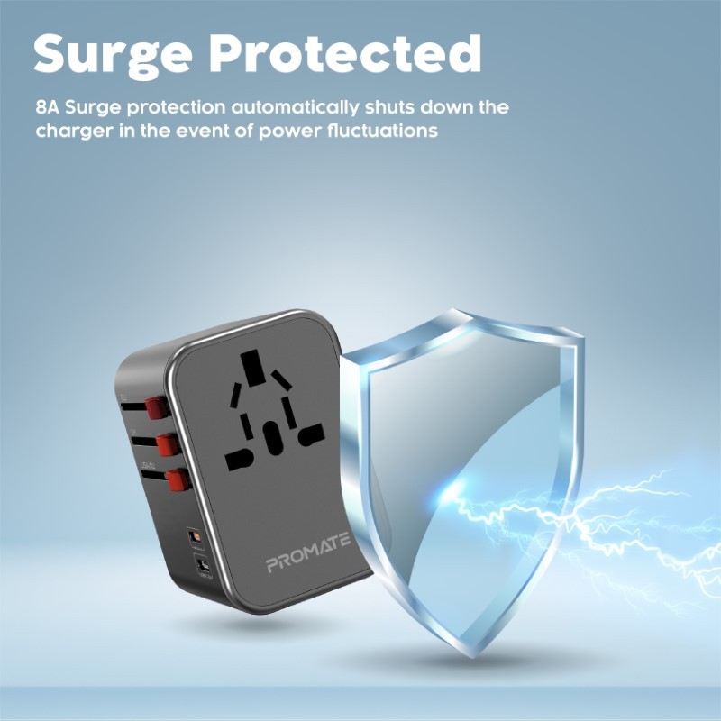 محول السفر العالمي TripMate-36W بقدرة 36 واط، ومنفذ توصيل طاقة USB-C بقدرة 20 واط ومنفذ USB-C بقدرة 15 واط، و3 منافذ USB ذكية مع حماية من زيادة التيار بقوة 8 أمبير- Promate TripMate-36W