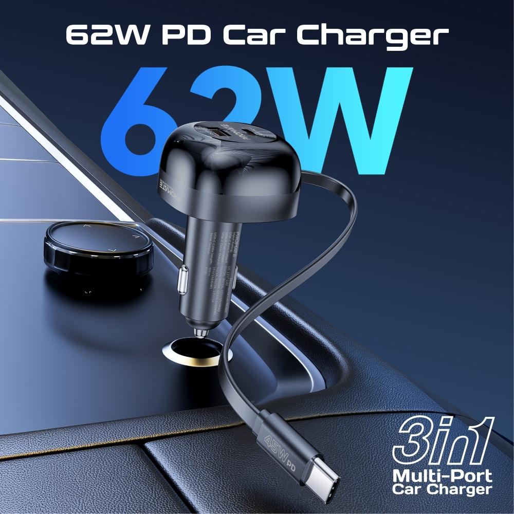 أفضل شاحن سيارة متعدد المنافذ بقوة 62 واط  بقدرة توصيل طاقة  مع كابل USB-C  قابل للسحب بقوة 45 واط، يصل طوله إلى 80 سم   بتصميم مدمج وصغير الحجم Promate PowerDrive-RC65