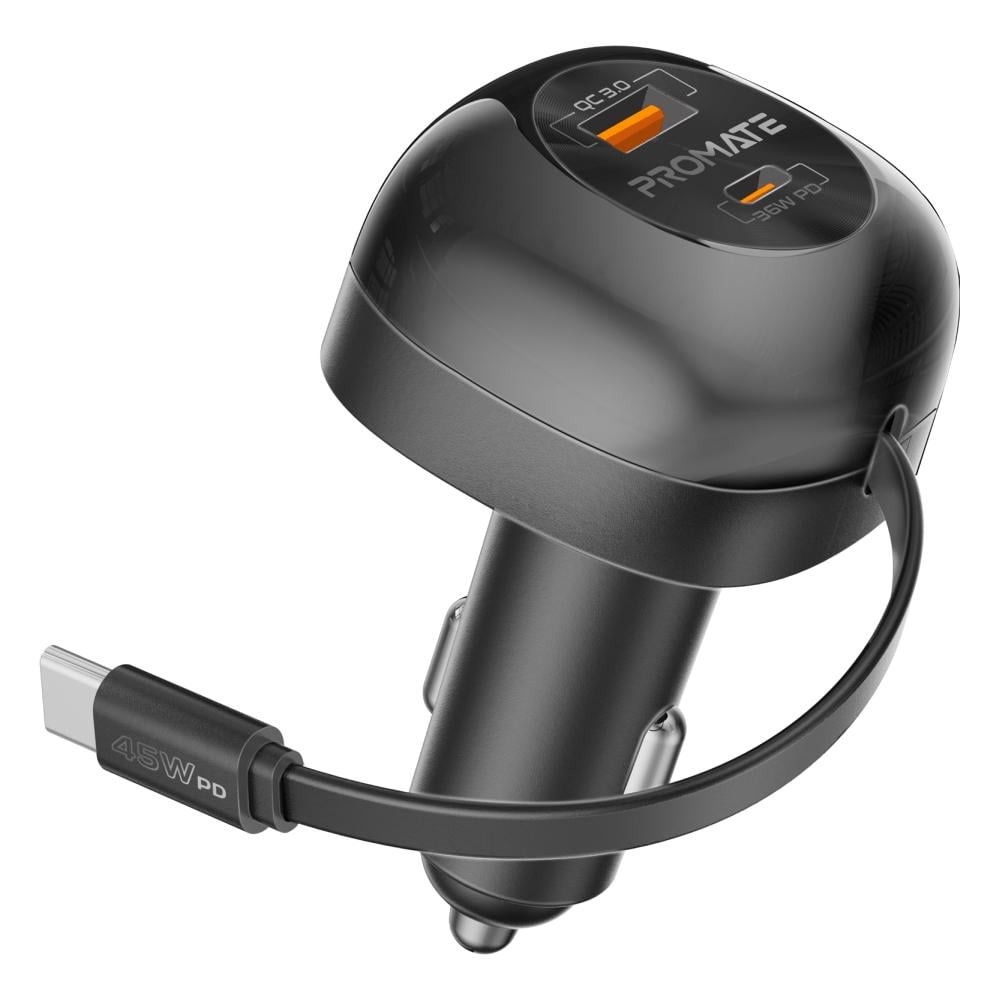أفضل شاحن سيارة متعدد المنافذ بقوة 62 واط  بقدرة توصيل طاقة  مع كابل USB-C  قابل للسحب بقوة 45 واط، يصل طوله إلى 80 سم   بتصميم مدمج وصغير الحجم Promate PowerDrive-RC65