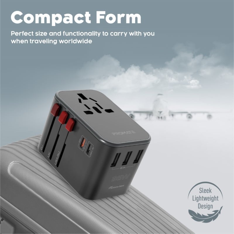 محول السفر العالمي TripMate-36W بقدرة 36 واط، ومنفذ توصيل طاقة USB-C بقدرة 20 واط ومنفذ USB-C بقدرة 15 واط، و3 منافذ USB ذكية مع حماية من زيادة التيار بقوة 8 أمبير- Promate TripMate-36W