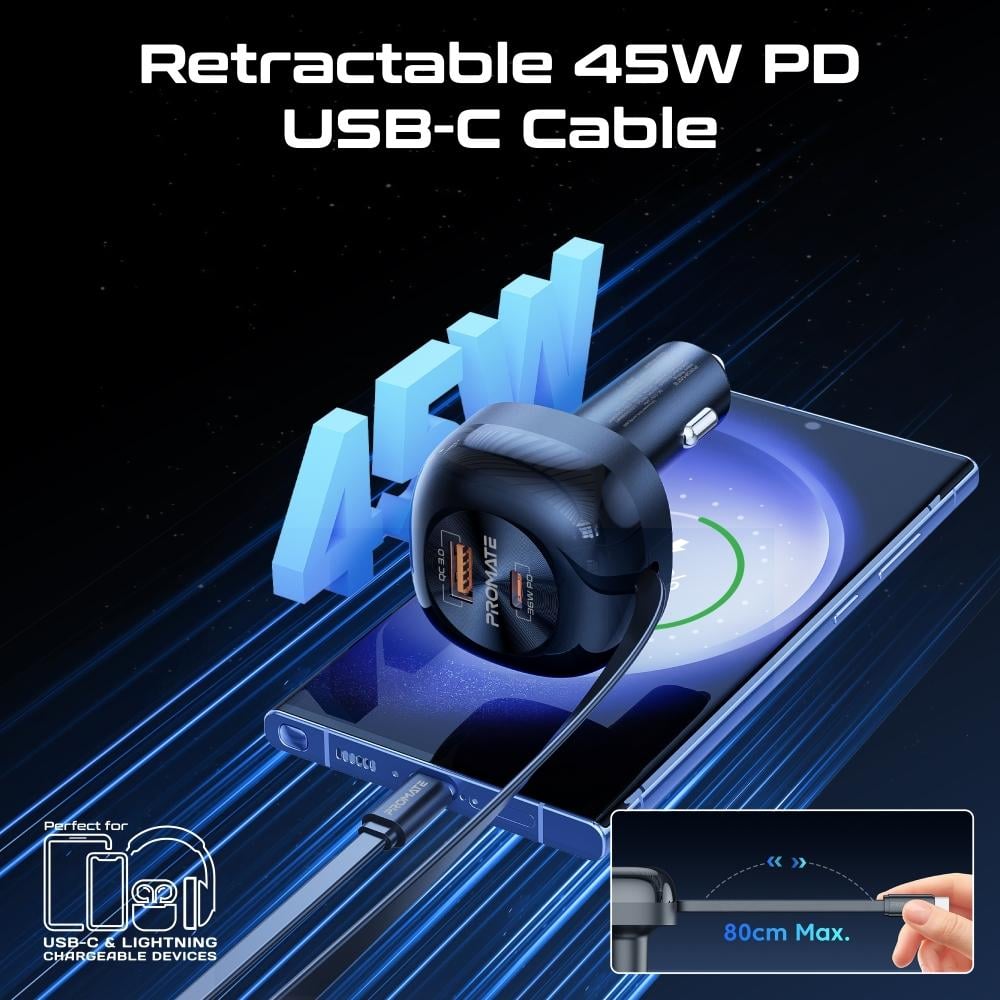 أفضل شاحن سيارة متعدد المنافذ بقوة 62 واط  بقدرة توصيل طاقة  مع كابل USB-C  قابل للسحب بقوة 45 واط، يصل طوله إلى 80 سم   بتصميم مدمج وصغير الحجم Promate PowerDrive-RC65