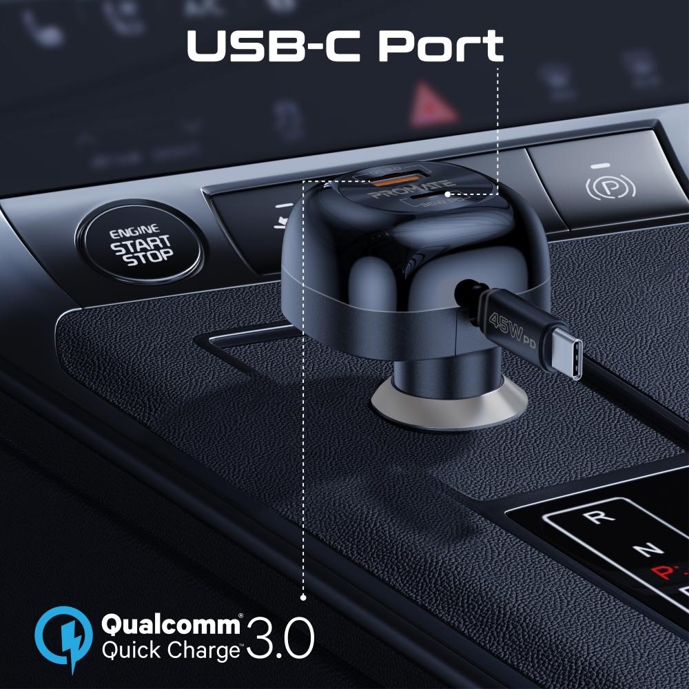 أفضل شاحن سيارة متعدد المنافذ بقوة 62 واط  بقدرة توصيل طاقة  مع كابل USB-C  قابل للسحب بقوة 45 واط، يصل طوله إلى 80 سم   بتصميم مدمج وصغير الحجم Promate PowerDrive-RC65