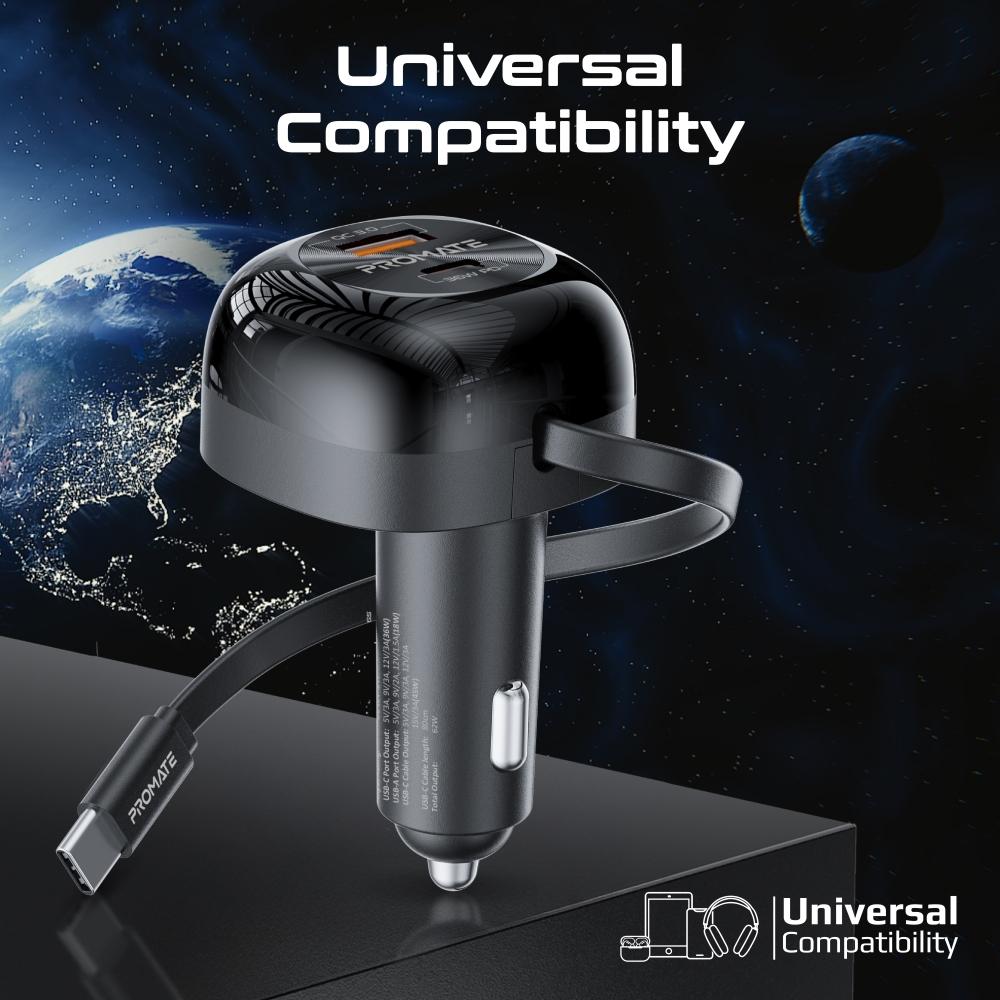 أفضل شاحن سيارة متعدد المنافذ بقوة 62 واط  بقدرة توصيل طاقة  مع كابل USB-C  قابل للسحب بقوة 45 واط، يصل طوله إلى 80 سم   بتصميم مدمج وصغير الحجم Promate PowerDrive-RC65