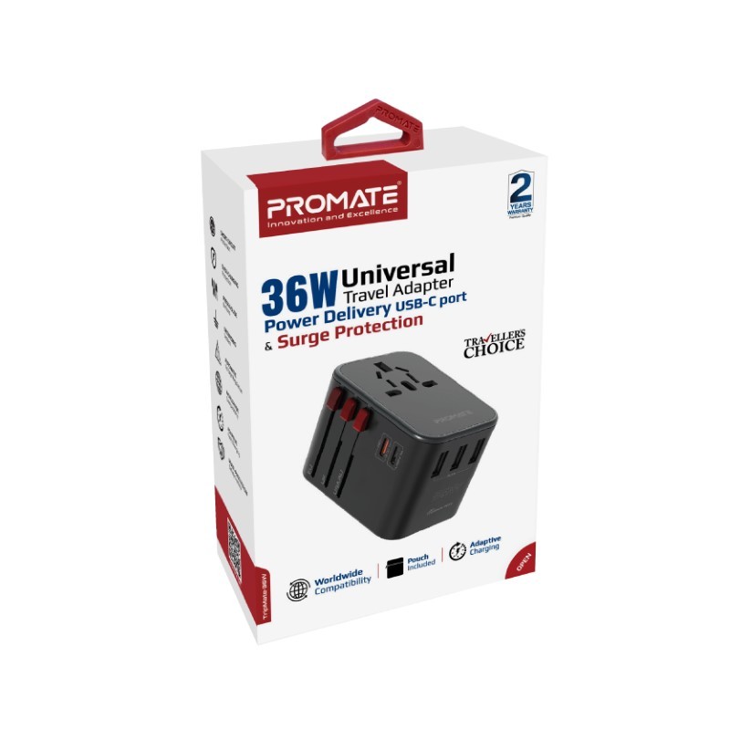 محول السفر العالمي TripMate-36W بقدرة 36 واط، ومنفذ توصيل طاقة USB-C بقدرة 20 واط ومنفذ USB-C بقدرة 15 واط، و3 منافذ USB ذكية مع حماية من زيادة التيار بقوة 8 أمبير- Promate TripMate-36W