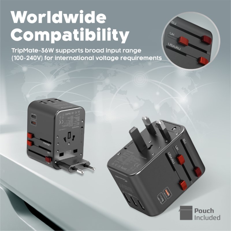 محول السفر العالمي TripMate-36W بقدرة 36 واط، ومنفذ توصيل طاقة USB-C بقدرة 20 واط ومنفذ USB-C بقدرة 15 واط، و3 منافذ USB ذكية مع حماية من زيادة التيار بقوة 8 أمبير- Promate TripMate-36W