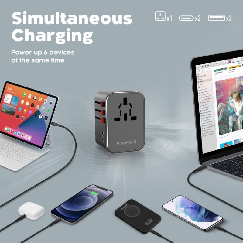 محول السفر العالمي TripMate-36W بقدرة 36 واط، ومنفذ توصيل طاقة USB-C بقدرة 20 واط ومنفذ USB-C بقدرة 15 واط، و3 منافذ USB ذكية مع حماية من زيادة التيار بقوة 8 أمبير- Promate TripMate-36W