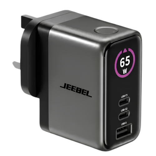 شاحن جيبل GaN بشاشة ذكية 65 واط لشحن الجوالات والآيبادات بسرعة وأمان – منفذين USB-C ومنفذ USB-A