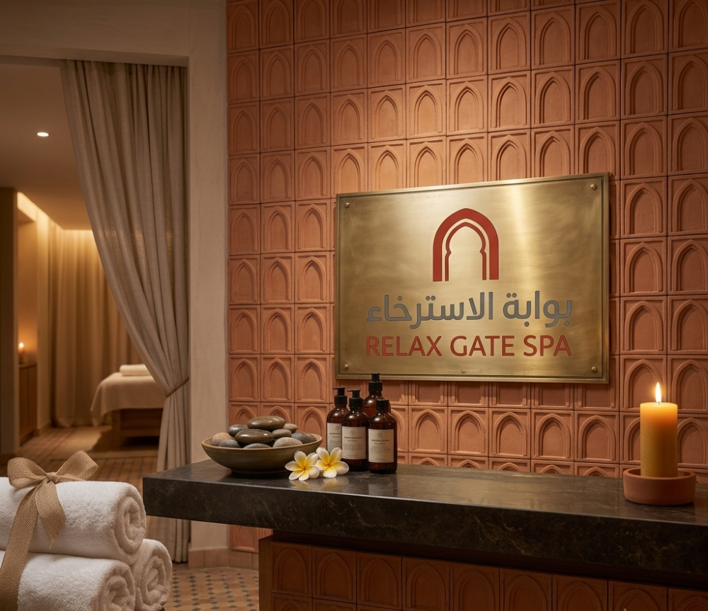 لافتة معدنية ذهبية فاخرة تحمل شعار مركز "بوابة الاسترخاء" (Relax Gate