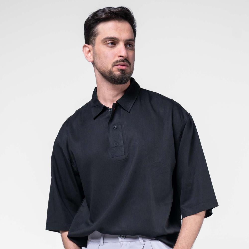 قميص كلاسيك سادة نص كم  - أسود