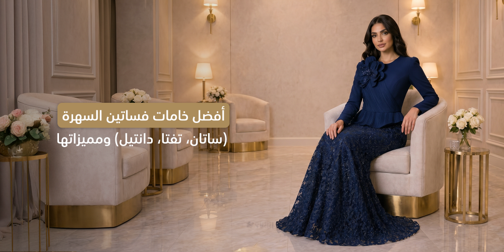 أفضل خامات فساتين السهرة 2026 (ساتان، تفتا، دانتيل) ومميزاتها