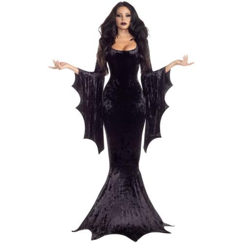 زي الساحرة Morticia Addams فستان قطار طويل للهالوي...