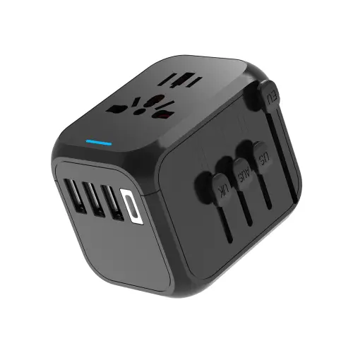 شاحن USB محول السفر الدولي مع 3 USB ونوع C، شاحن ح...