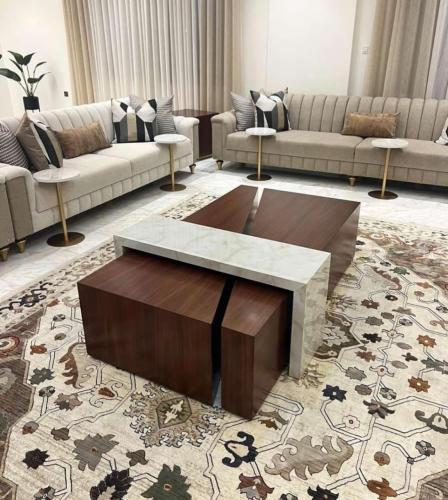 طقم طاولات كنب مرتفع خشب مع بديل الرخام
