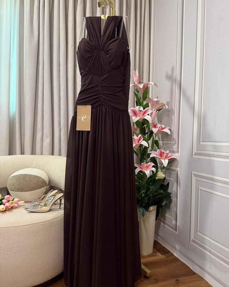 Long chocolate evening dress with a wrap neckline روفا للأزياء