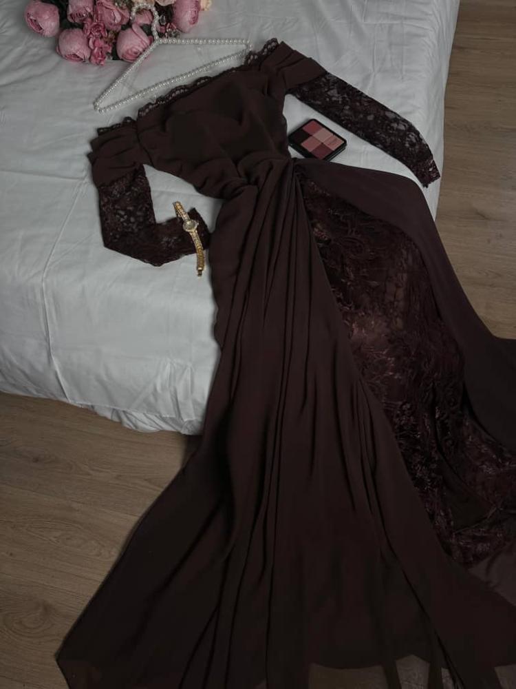 فستان سهرة شيفون باكمام دانتيل راقي