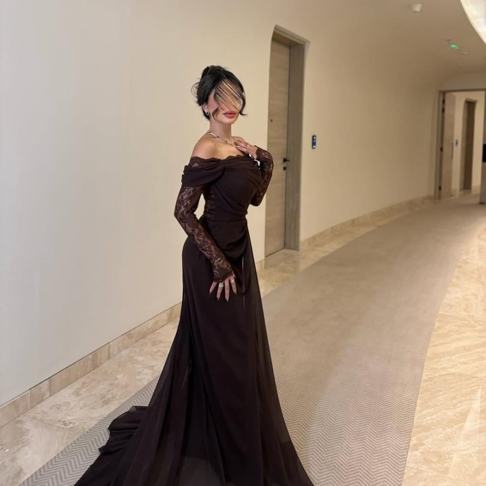 فستان سهرة شيفون باكمام دانتيل راقي