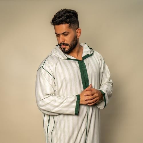 جلابة هودي - ابيض تطريز اخضر