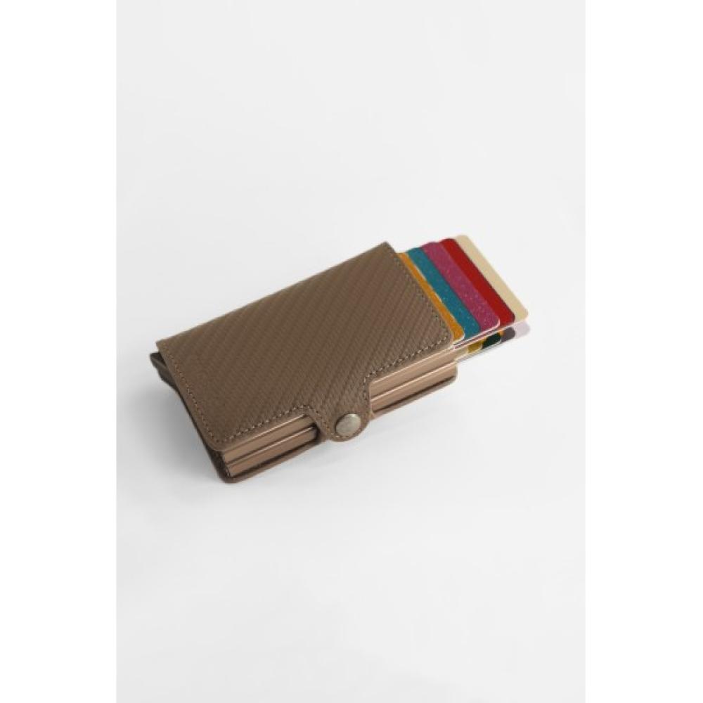 محفظة ذكية بآلية سحب بطاقات – كربون بني  أنيق